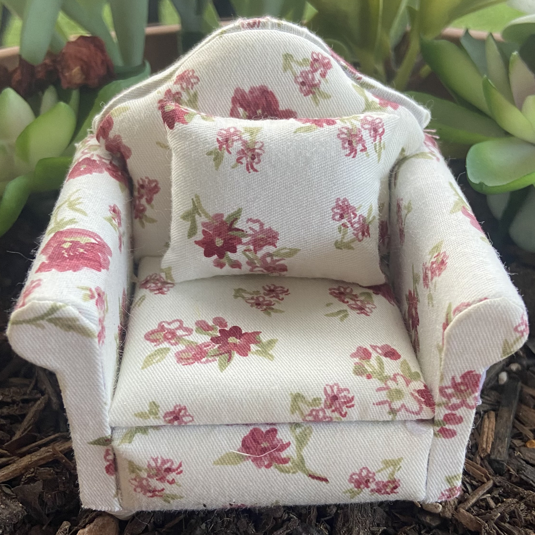 1:12 Scale Miniature Pink and White Flower Armchair
