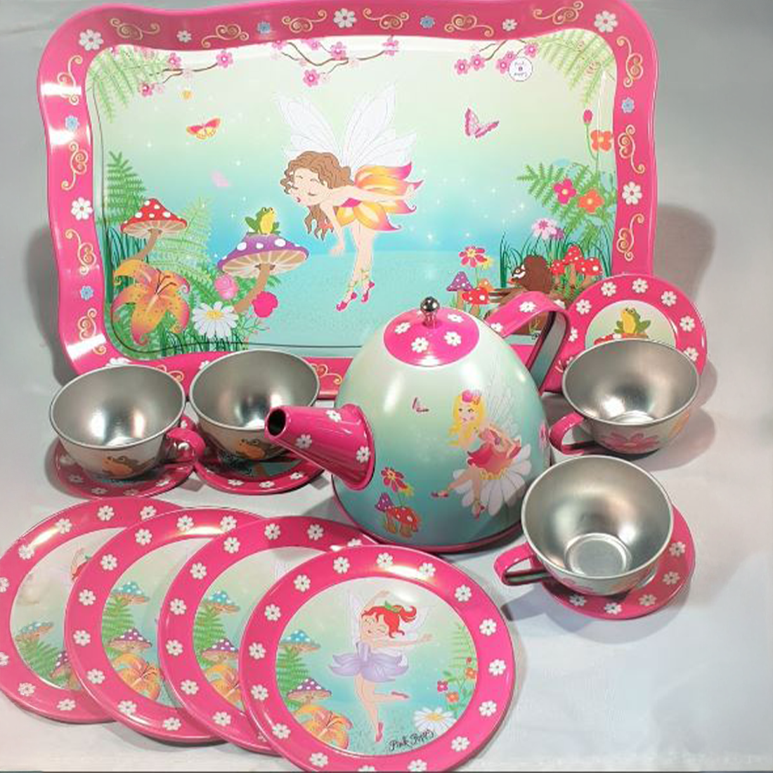 A 14-piece fairy tin tea set with a teapot, cups, saucers, plates, and a serving tray, all featuring fairy illustrations.