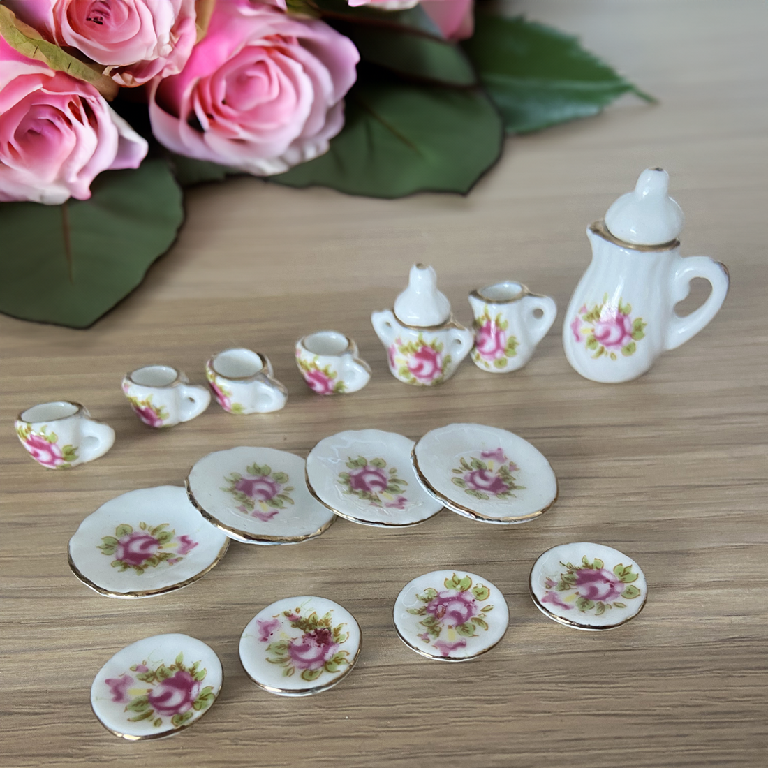 15-Piece Porcelain 1:12 Scale Miniature Dollhouse Tea Set