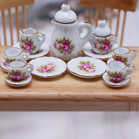 15-Piece Porcelain 1:12 Scale Miniature Dollhouse Tea Set