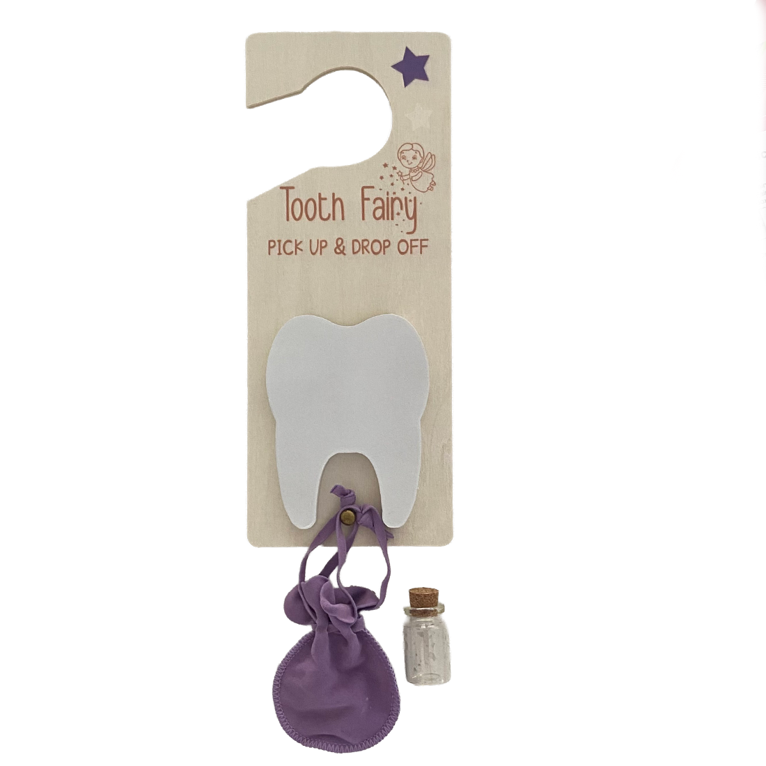 3 Piece Purple Tooth Fairy Door Hanger With Pouch and Bottle Set