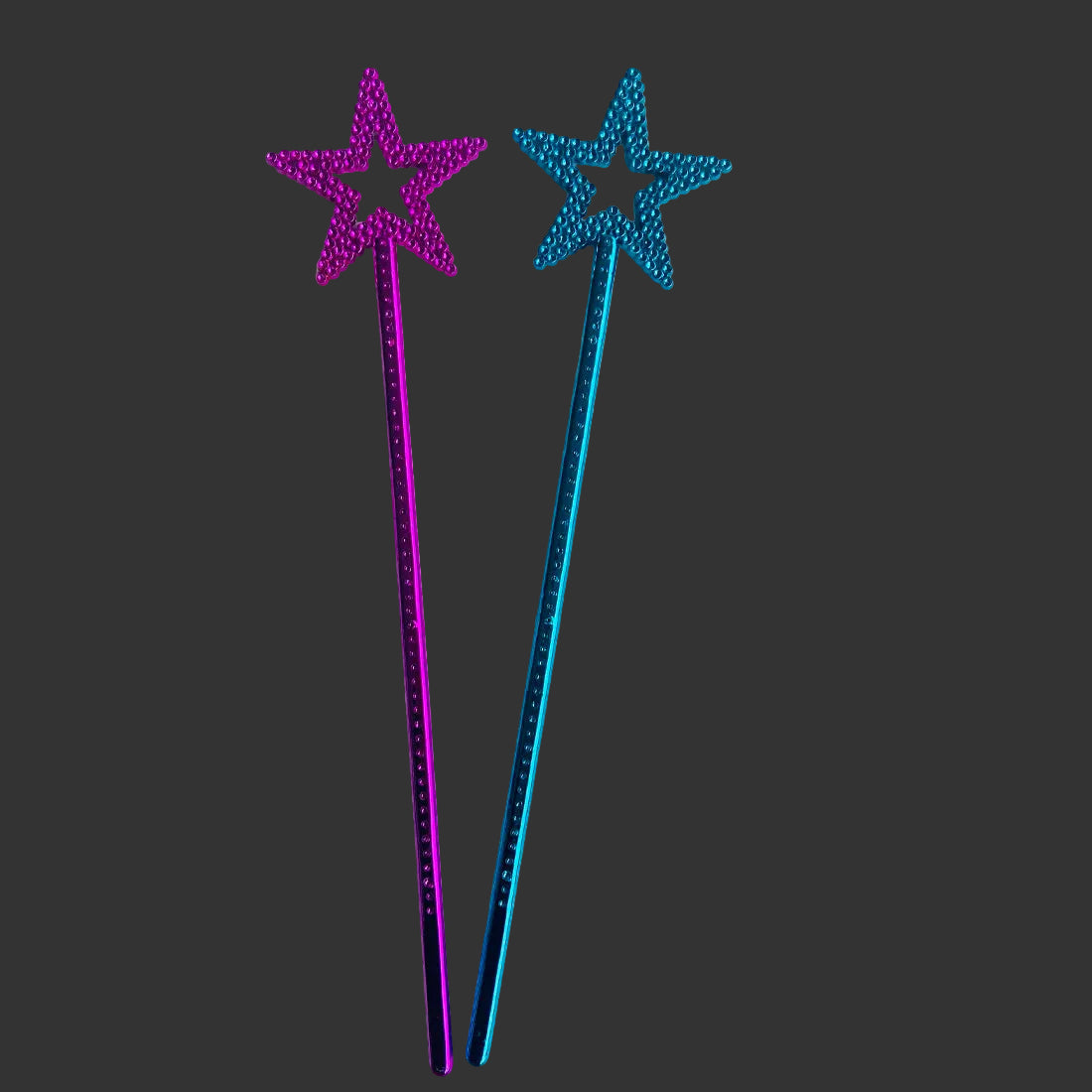 Two star-shaped wands, one purple and one blue, on a white background.