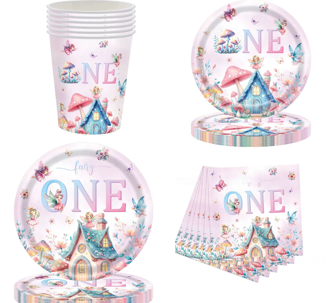Fairy-themed party supplies including cups, plates, and napkins on a white background
