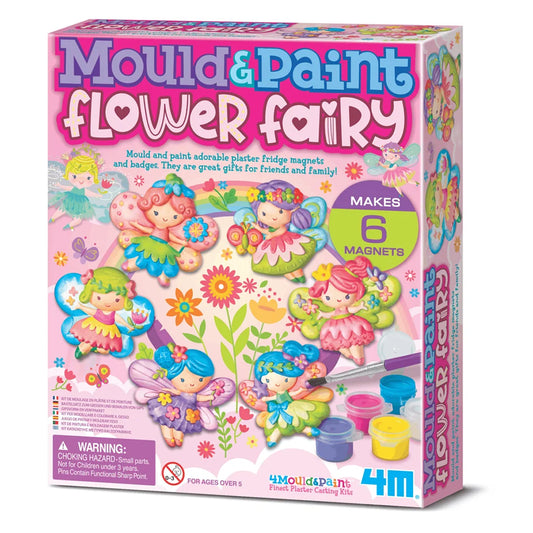 4M Mould & Paint Flower Fairy plastic fridge magnets and badges kit in a pink box, featuring colorful fairy illustrations and paint pots on the front.