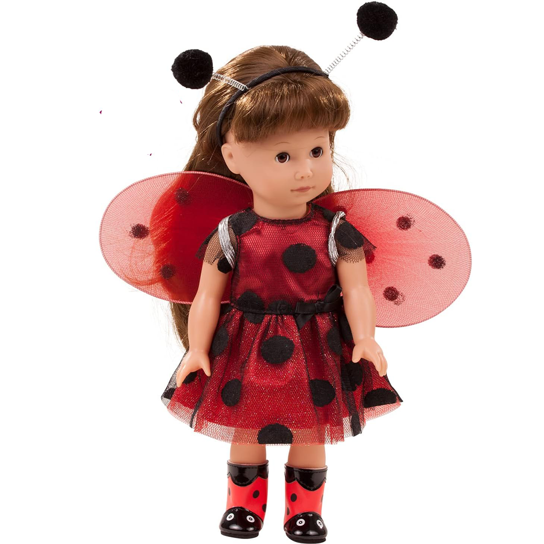 A doll wearing a red and black ladybug dress with fairy wings and matching headband.