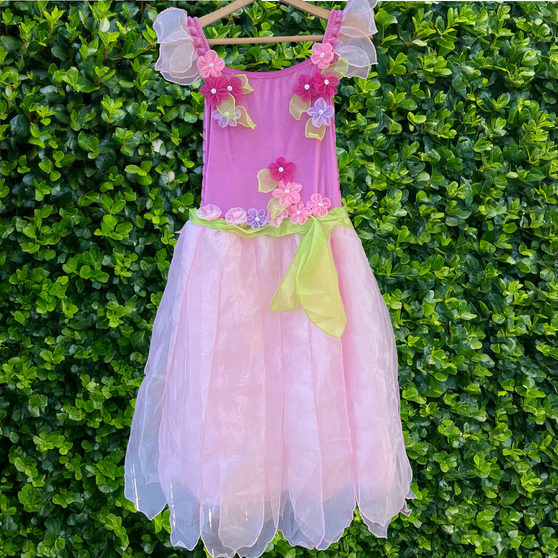 Adult Pink dress with floral decorations hanging against a green hedge background
