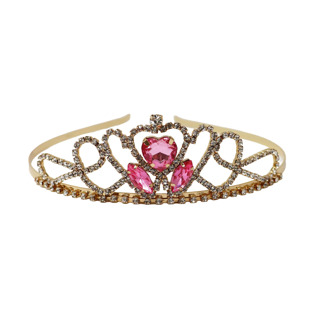 A gold-plated tiara headband adorned with sparkling clear rhinestones and a central pink heart-shaped gemstone, flanked by two pink teardrop gemstones, shown on a plain white background.