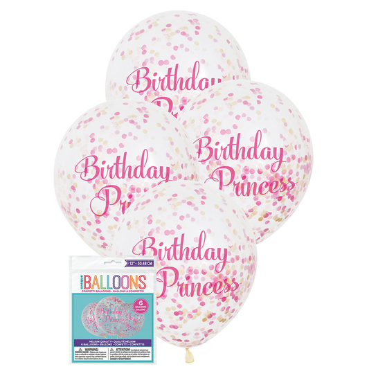 Birthday Princess Clear Balloons Prefilled with Pink and Gold Confetti Pack of 6