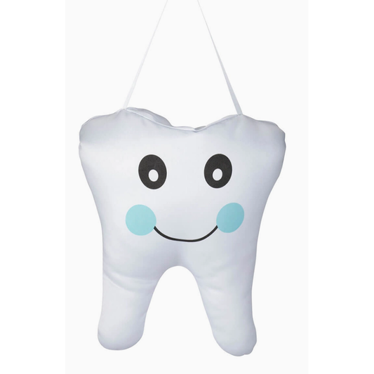 White tooth-shaped plush toy with black eyes and a blue smile on a white background