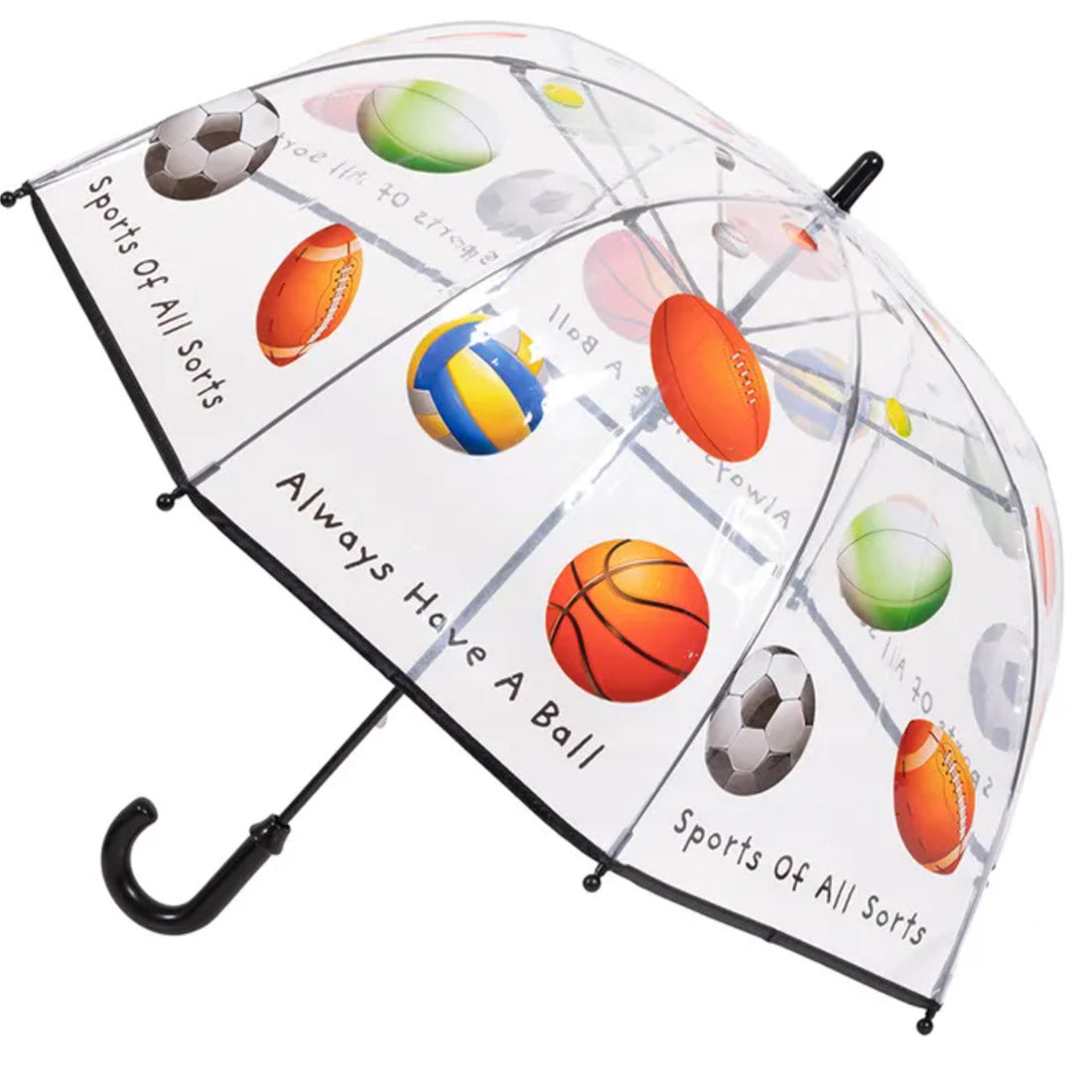 Children's Clear Birdcage Umbrella with Sports Print and Black Trim