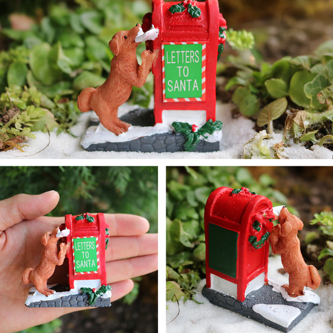 Collage of a miniature red mailbox with a dog delivering letters to Santa, set against a natural background.