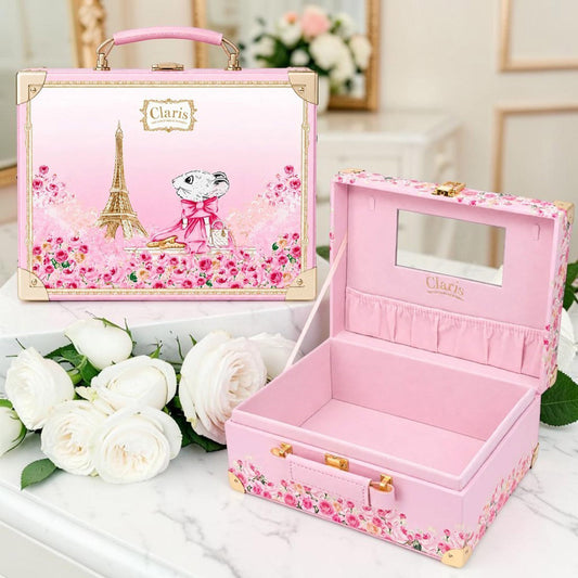 Pink claris in paris floral jewelry box set with a hinged lid, mirror, and gold-tone hardware,