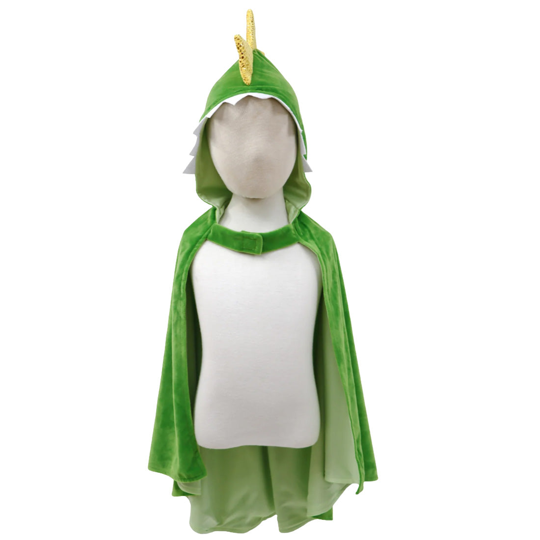 Green hooded cape with gold accents on a mannequin against a white background