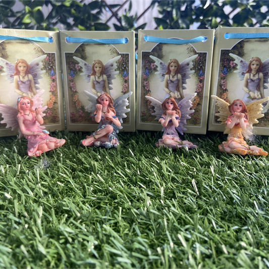 Set of fairy figurines with packaging on grass