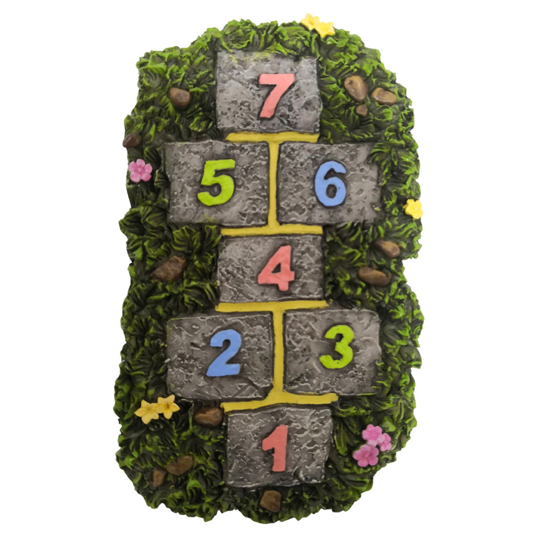 Decorative hopscotch grid with colorful numbers on a green background