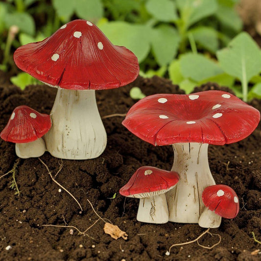 Two red fairy garden mushrooms one triple one double