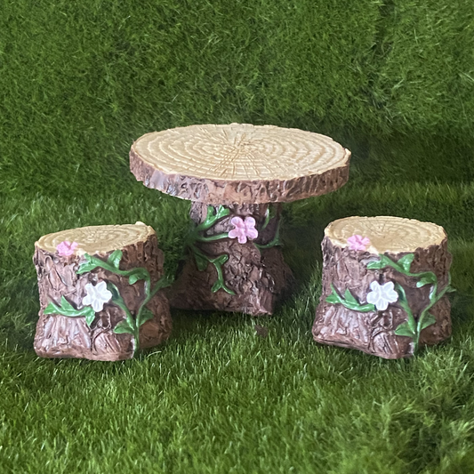 Fairy Garden Tree Stump 2 Chairs and Table