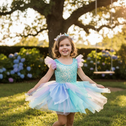Young girl in a blue and purple dress with fairy wings standing outdoors.