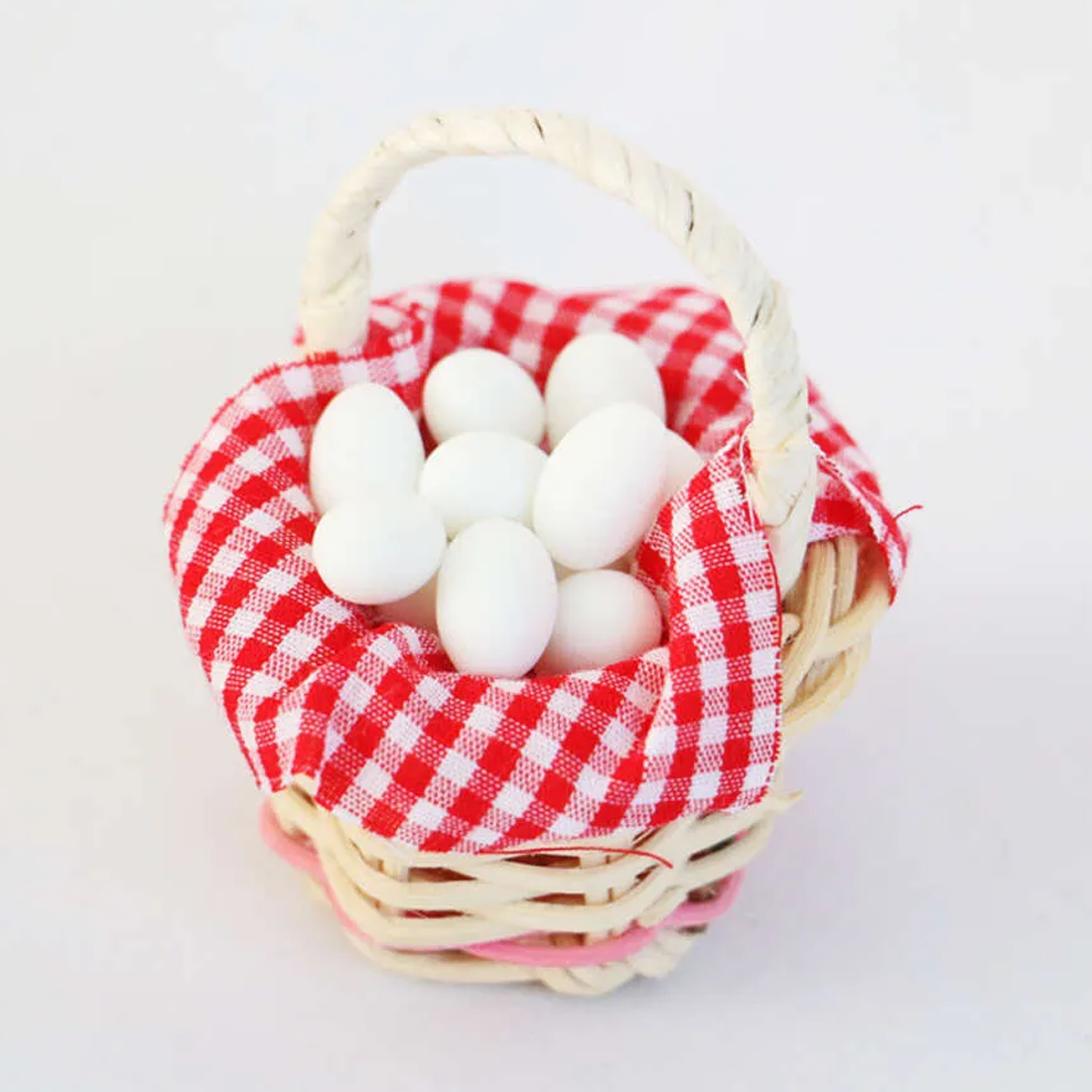 Fairy Miniature Red Gingham Egg Basket with White Eggs