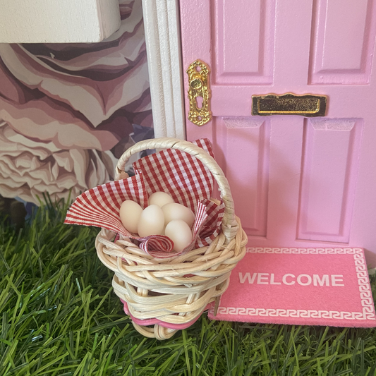 Fairy Miniature Red Gingham Egg Basket with White Eggs