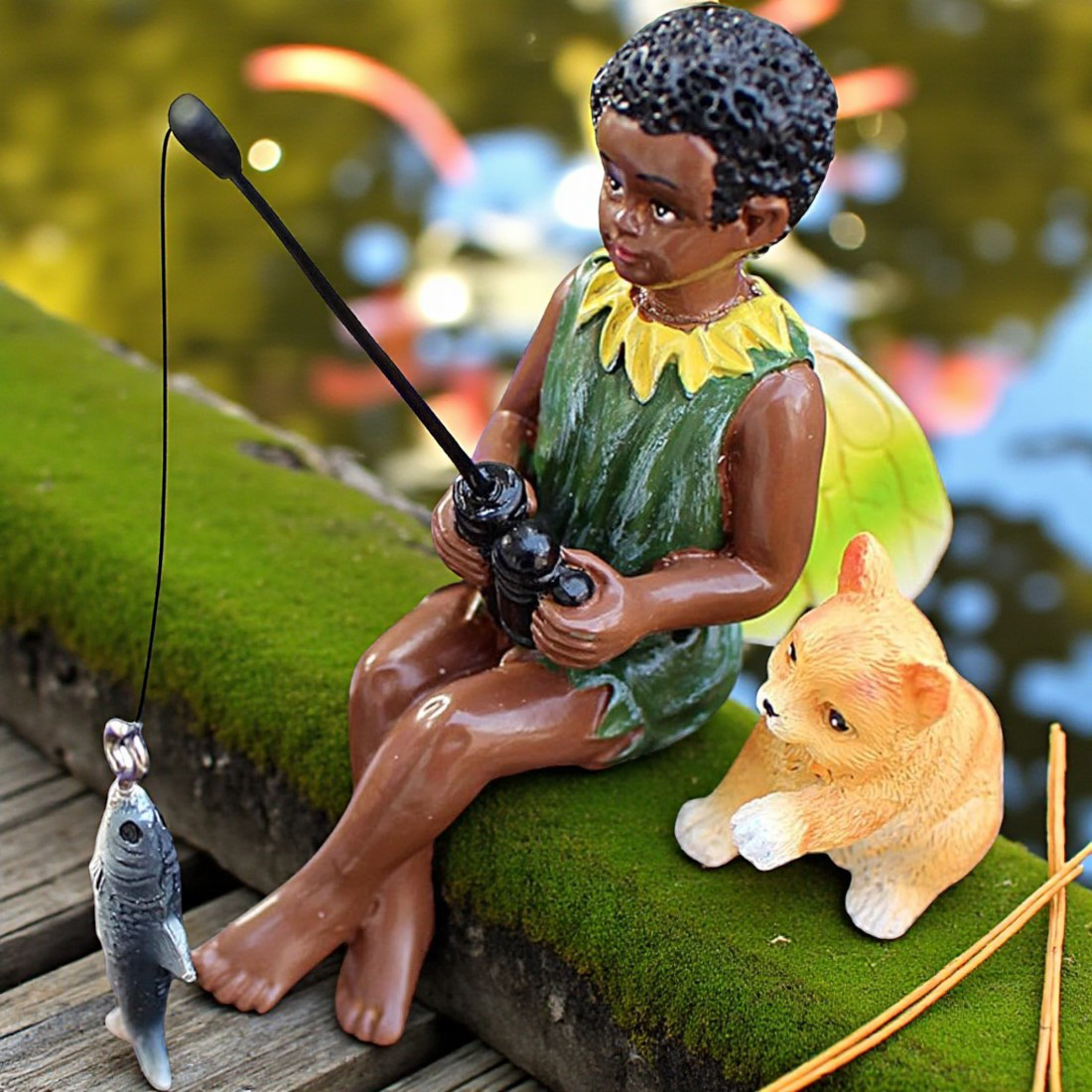 Fishing Boy Fairy Figurine with Cat