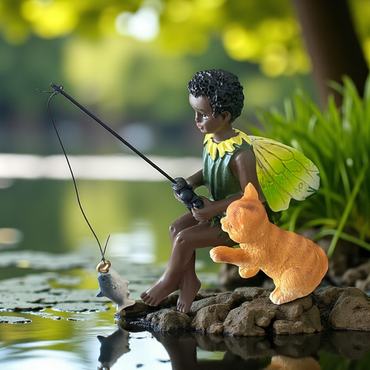 Gnome-like figure with fairy wings and a teddy bear by a pond