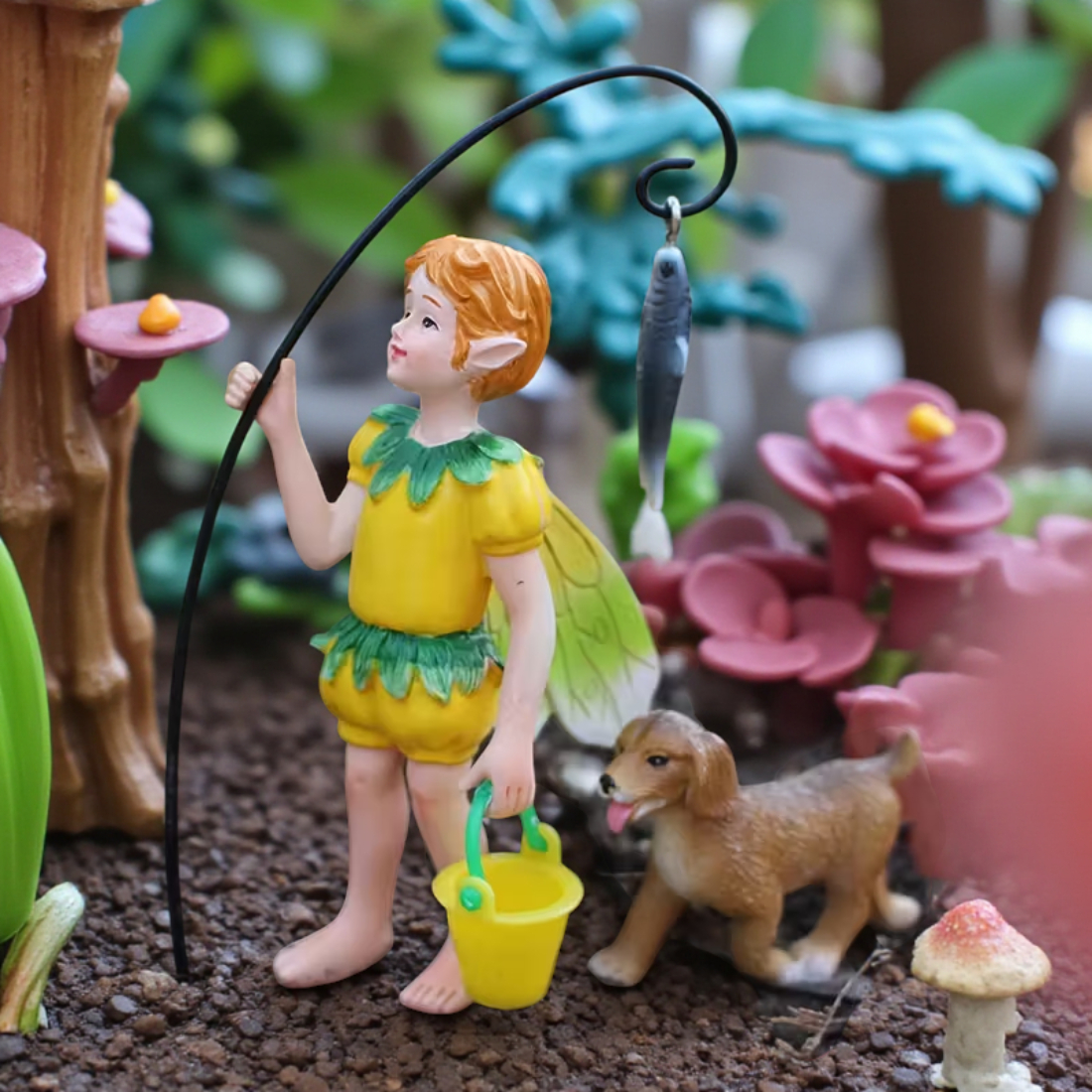Fishing Fairy Figurine With Dog
