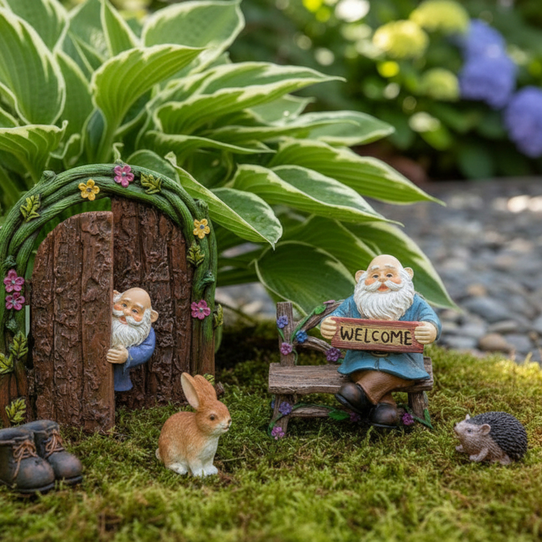 Gnome figurine with a 'Welcome' sign, rabbit, and hedgehog in a garden setting.
