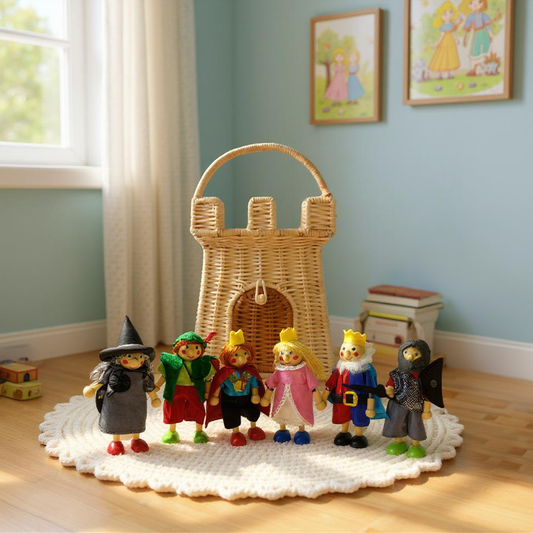 Set of toy figures in front of a wicker basket on a wooden floor with a light blue wall and window in the background.