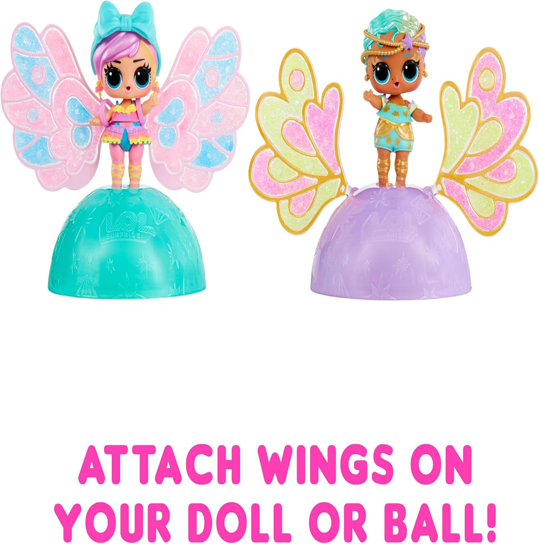 Two toy figures with colorful wings on stands, with text 'Attach wings on your doll or ball!'.