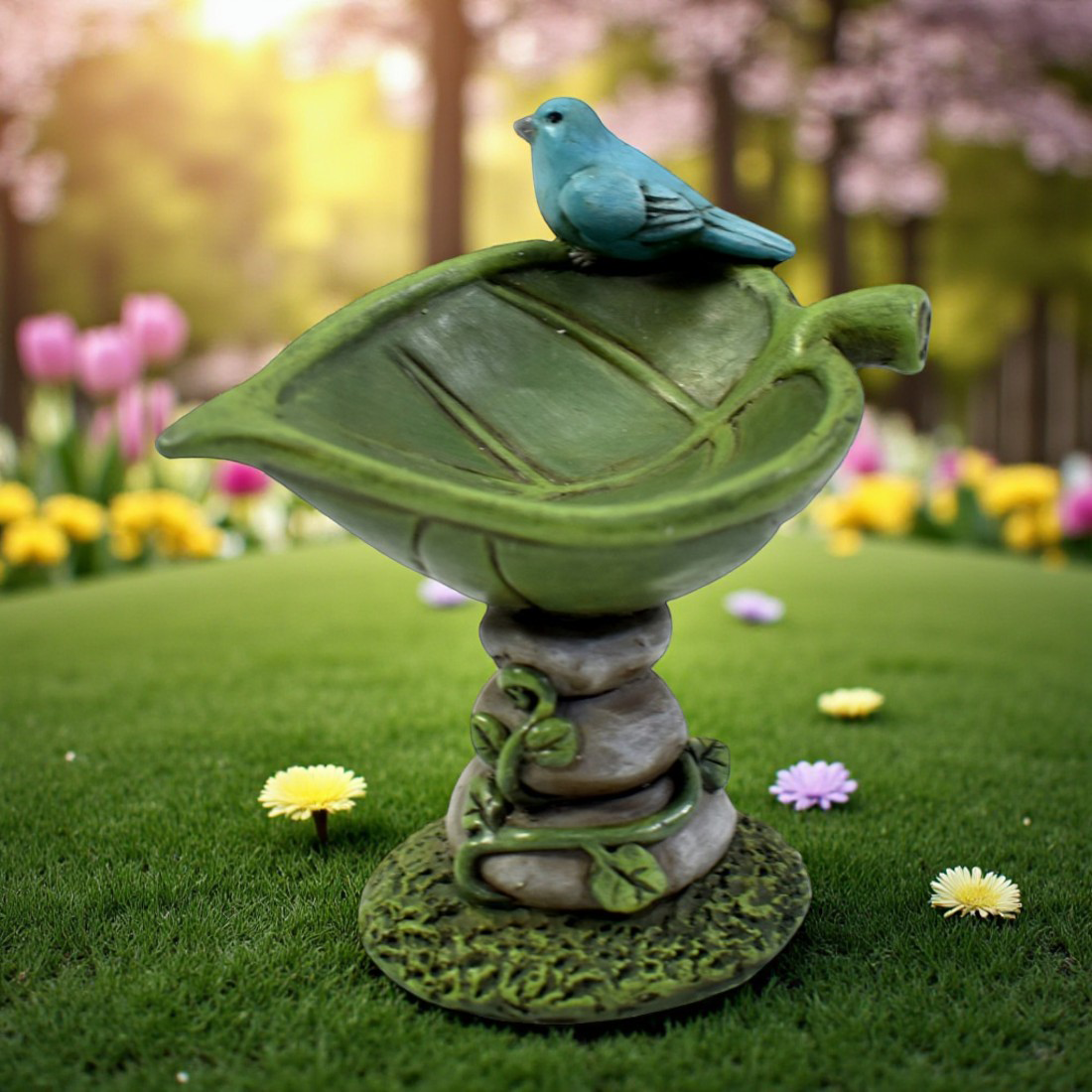 Decorative garden sculpture with a blue bird on a green leaf in a garden setting