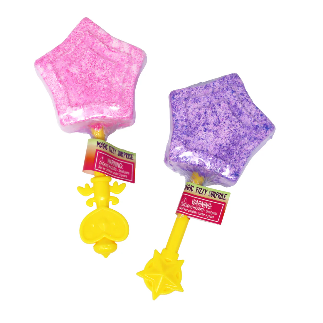 Two star-shaped fizzy surprise toys, one pink and one purple, with yellow sticks on a white background.