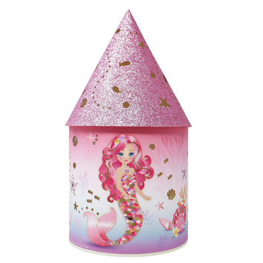 Mermaid-themed party hat with pink glittery top and mermaid design on a white background