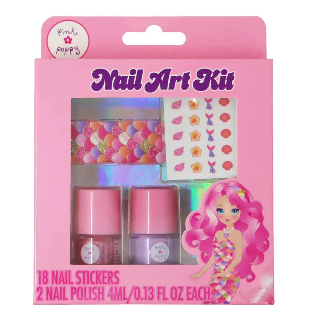 Pink nail art kit packaging with nail polish bottles and stickers on a white background
