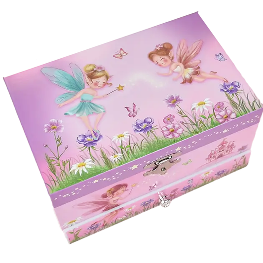 A musical jewellery box with illustrations of fairies and flowers on the lid, featuring a wind-up mechanism.