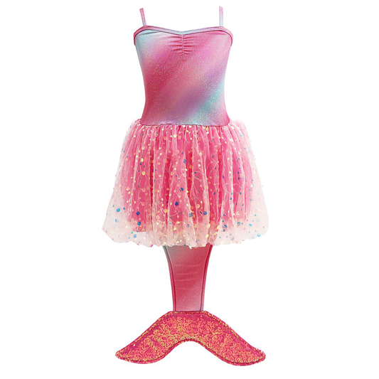 Pink mermaid tail dress with a colorful top on a white background