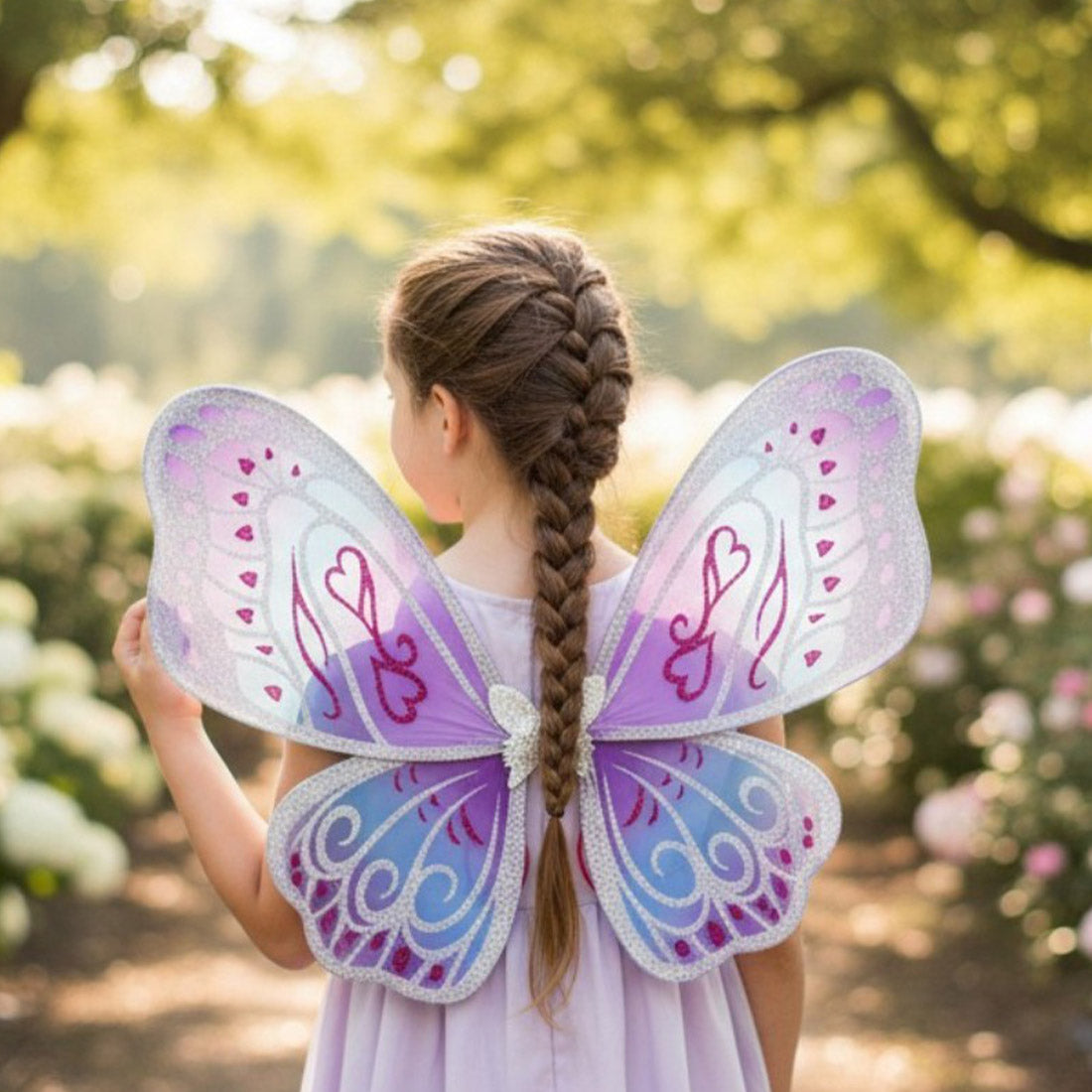 A young girl with a long braided ponytail is shown from behind wearing a fairy costume with large decorative wings. The wings are lavender, purple, and blue with pink heart and swirl patterns, and she is wearing a light lavender dress in an outdoor garden setting.
