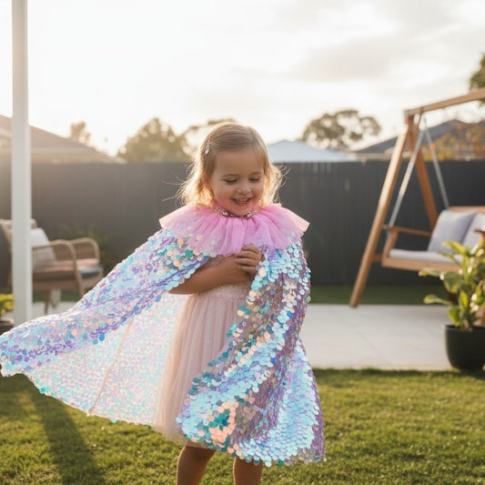 A young girl stands in a backyard wearing a pink tulle dress and a large iridescent sequin cape with a pink ruffled collar. The cape has holographic, rainbow-like sequins that catch the light.
