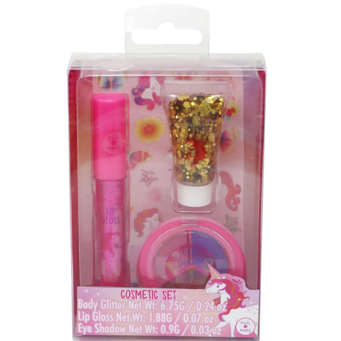 A cosmetic set for children including lip-gloss, tri-coloured eyeshadow, body glitter, and mermaid stickers, packaged in a pink box with unicorn illustrations.