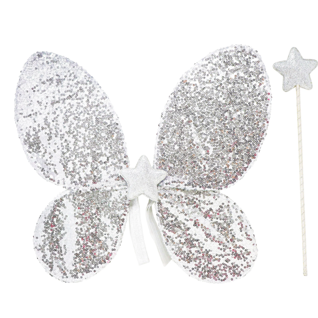 A set of silver sequin wings with a glittering star centrepiece and an elastic strap, alongside a matching silver wand with a star tip.