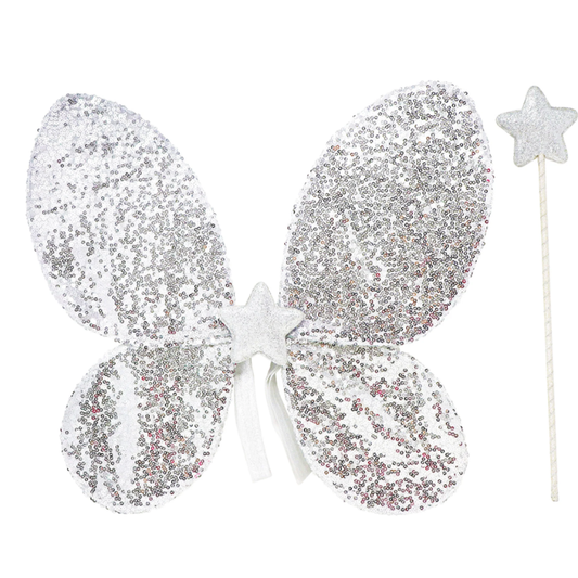 Silver Sequin Wings and Glitter Star Wand Set