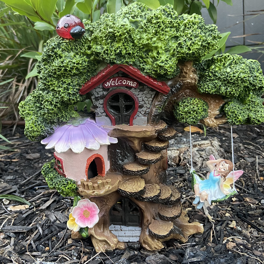 Solar Fairy Garden Tree House With Fairy On Swing