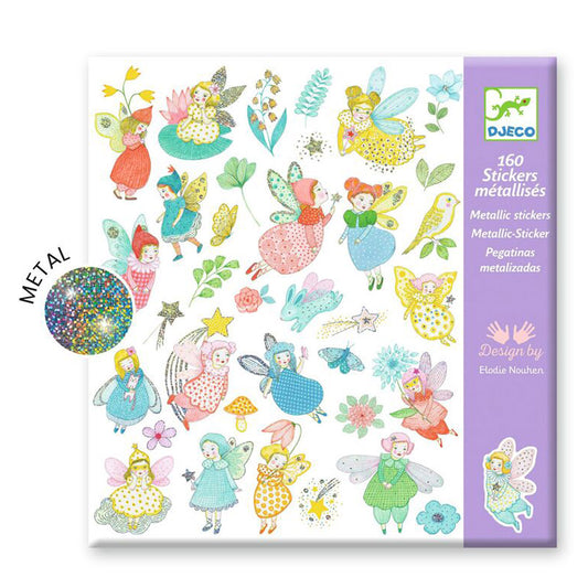 A package of DJEGO metallic stickers featuring whimsical fairy illustrations in pastel colors on a white background, with a purple side panel and a circular 'METAL' badge indicating the finish.