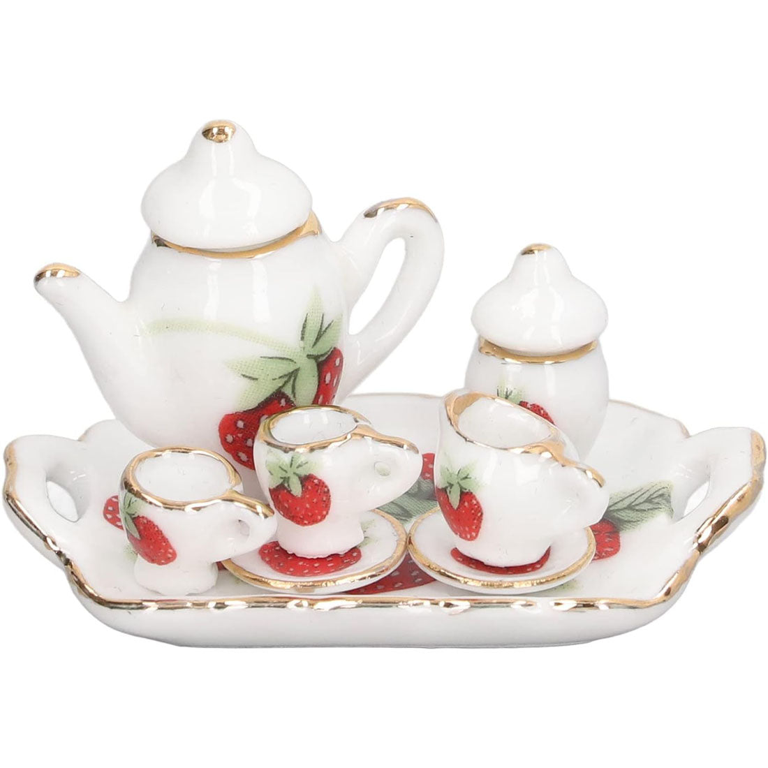 Miniature ceramic tea set with strawberry design on a white background