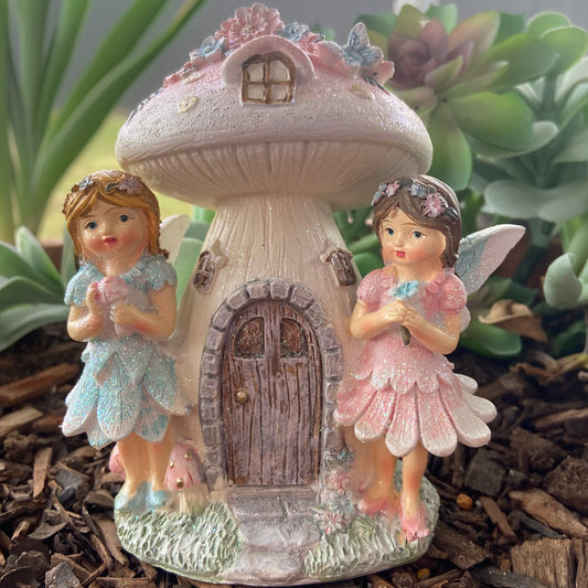 Two Fairies by a Fairy Mushroom House