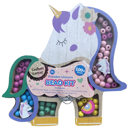 wooden unicorn craft box with 100 beads and cords to make necklaces