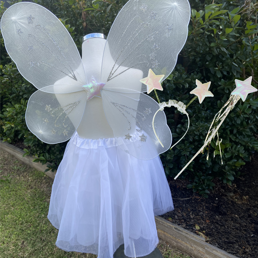 White Fairy Tutu Wing Wand Headband Dress Up Set