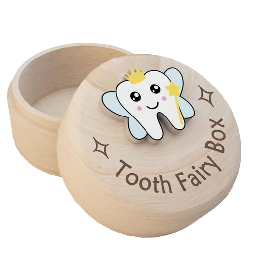 Wooden Tooth Fairy Box With White Tooth Blue Wings