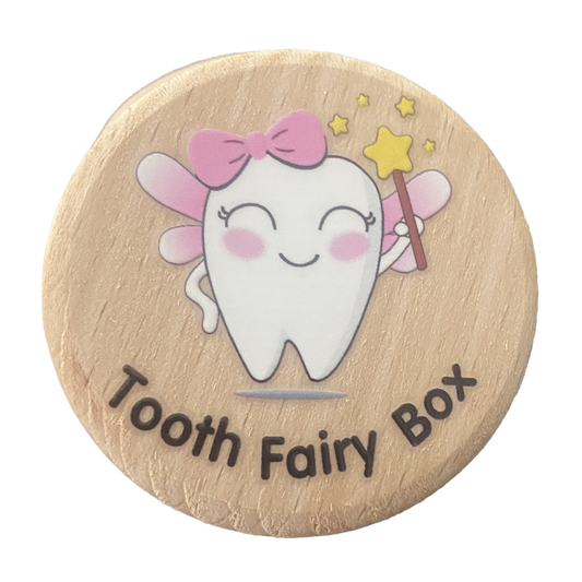 wooden tooth fairy box with tooth holding a wand on the front pink bow in hair and pink wings