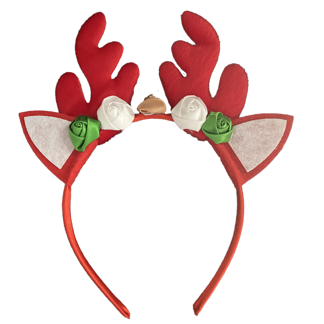 A red reindeer antler headband with white and green ornament details, resembling ears and antlers.